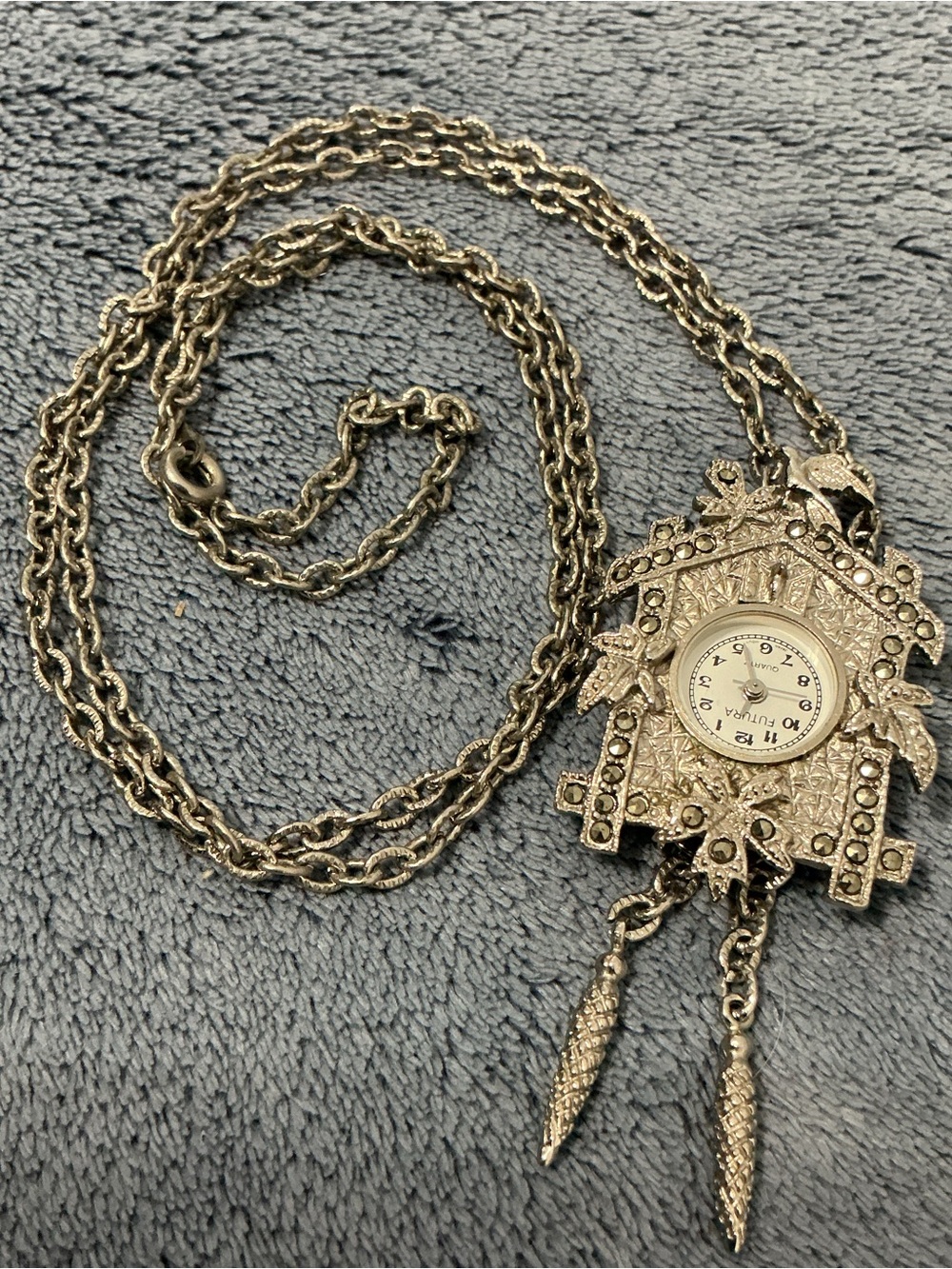 Vintage Cuckoo Clock Silver Tone Marcasite Necklace Brooch 🦋NOT RUNNING🦋